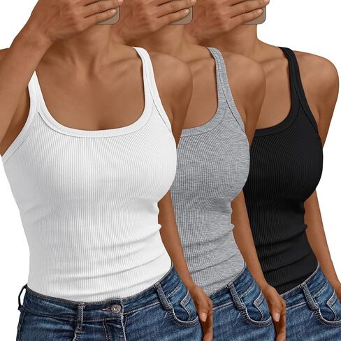 SUNBS Tank Tops for Women Ribbed Spaghetti Strap Camisole Racerback Summer Workout Tops Trendy Clothes Going Out 2025 3Pack in Kuwait