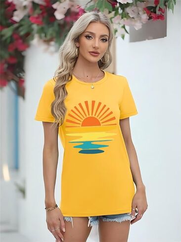 Outdoor Shirts for Women Retro Graphic Print Hiking Mountain T Shirts Summer Comfort Beach Hiking Workout Tee Tops in Saudi Arabia
