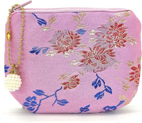 Handmade Women Coin Purse Silk Rosary Bag Jewelry Pouch Brocade Zipper Wallet - Pink in Saudi Arabia
