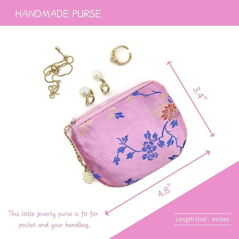 Handmade Women Coin Purse Silk Rosary Bag Jewelry Pouch Brocade Zipper Wallet - Pink in Saudi Arabia