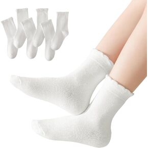 6 Pack Girls White Dress Scallop Socks for Toddlers and Kids - Cute Cotton