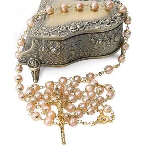 Rosary Beads Catholic for Woman-Italy 7-8mm AAA+ Freshwater Natural Pink Real Pearl Rosary Beads.