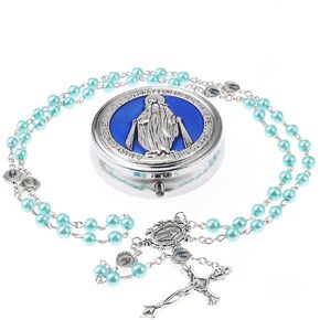 6mm Glass Pearl Rosary Beads Catholic for Women, Virgin Mary Our Lady of Guadalupe Medal, Hematite Stone Saint Benedict Rosary, Bead Necklace First Communion Gifts with Metal Gift Box