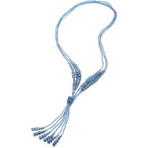COOLSTEELANDBEYOND Boho Chic Lariat Necklace Tassel Pendant Pastel Blue Crystal Bead Three-strand Long Chain Y-Shape