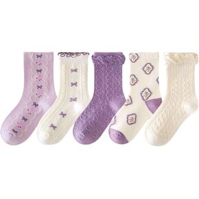 5-Pack Girls Floral Bows Ruffles Socks, Soft Cotton Toddler Kids Socks for Daily Wear & Gifts