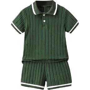Boy's 2 Piece Summer Outfits Ribbed Knit Color Block Short Sleeve Golf Shirt and Track Shorts Sets
