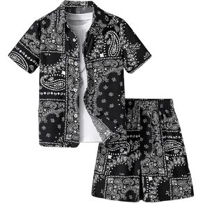 Boy's 2 Piece Clothing Set Paisley Short Sleeve Button Up Shirts and Elastic Waist Beach Shorts