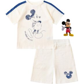Disney Mickey Mouse Boys Waffle Knit Short Sleeve T-Shirt and Shorts Set with 1 Piece Toy for Toddlers