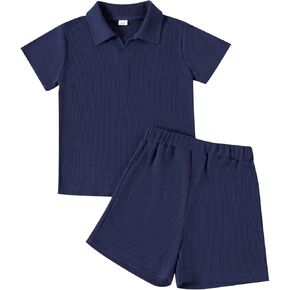 Toddler Baby Boy Clothes Summer Outfits Waffle Knit Boys Polo Shirt Casual Shorts Set Solid Kids Clothes