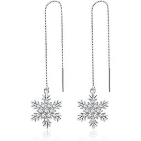 SLUYNZ Sterling Silver Christmas Snowflake Dangle Earrings Chain for Women Teens Snowflake Drop Earrings Threader Winter Earrings