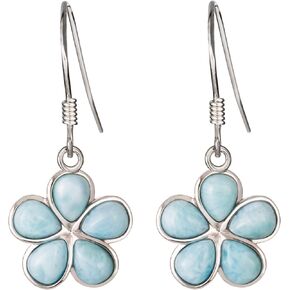 925 Sterling Silver Natural Larimar Gemstone Plumeria Flower Dangle Hook Earrings, Nickle Free Hypoallergenic for Sensitive Skin, Gift Box Included (Small, Larimar Rounded Petals)