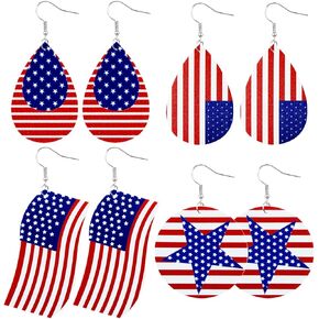 4 Pairs American Flag Earrings Set Faux Leather Patriotic Red White Blue Accessories 4th of July Independence Day Lightweight Ear Drops Dangle Earrings Womwn Teens Jewelry Gift