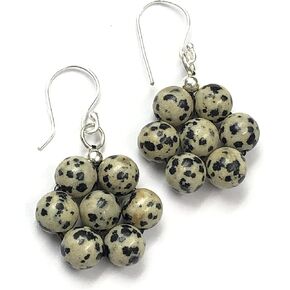 Dalmatian Jasper Gemstone 8mm مستديرة 925 حلق المجوهرات الفضية الاسترليني ، قرط أنيقة لها ، المجوهرات الراقية ، حرك قطرة ومربعة ، الفضة الاسترليني ، الدلماسي جاسبر