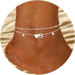Gold Silver Ankle Bracelets for Women 14k Gold Plated Initial Anklets for Women Waterproof Non Tarnish Dainty Layered CZ Letter A-Z Heart Charm Anklet Set Summer Beach Foot Chain Jewelry Gift
