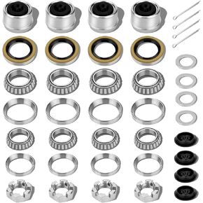 4 Sets Trailer Axle Hub Bearing Kits, L68149/L44649 Trailer Hub Bearing Kits with Grease Seals, Dust Caps, Cotter Pins, Spindle Nuts & Washers for 3500lb 1-3/8 to 1-1/16 Inch Spindle