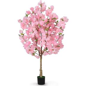 OUSHENG Artificial Cherry Blossom Tree, Fake Plants Indoor Decor, Faux Pink Sakura Flowers for Living Room Home House Entryway Bedroom Office Inside Decorations, 4FT