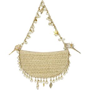 GOKTOW Handwoven Straw Beach Clutch Purse with Pearl Shell Decor - Summer Wedding Vacation Boho Bag for Women