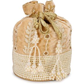 Indian Ethnic Clutch Silk Potli Batwa Pouch Bag with Beadwork Gift For Women (Golden-5)