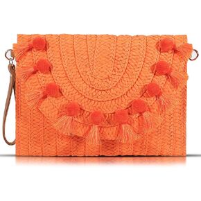 Straw Crossbody Bag for Women, Clutch Purses, Bohemian Handmade Woven Handbags, Tassels Summer Beach Bag, Envelope Wallet (Orange)