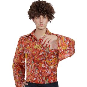 miccostumes Men's 1970s Shirt Floral Disco Shirt Long Sleeve Casual Button Down Flower Printed Shirt with Necklace Wig