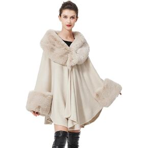 BEAUTELICATE Women Faux Fur Shawl Winter Wrap Sleeveless Coat Cape with Fur Trim Cardigan Cloak