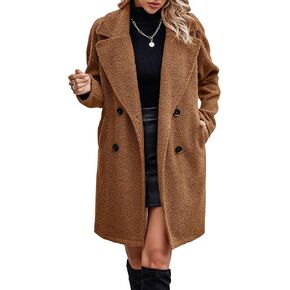 Angashion Women Long Sherpa Coat - Fuzzy Faux Fur Trench Jackets Winter Fleece Button Cardigan with Pockets