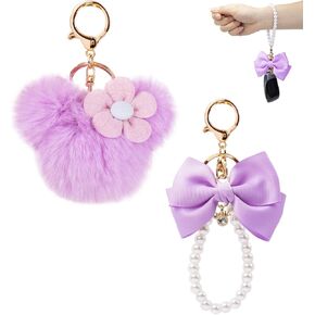 Purse Bag Charms Cute Bow Keychain Mouse Ear key chain Pom Pom Soft Fur Keychains, Pearl keychain wristlet- 2Pcs