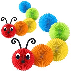 Hortsun 10 Pcs Caterpillar Paper Fans 12 Inch 8 Inch Set of 2 Caterpillar Themed Birthday Party Decorations with Eyes Mouth Feelers and Glue Point for Ceiling Hanging Decor