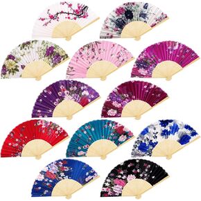 durony 12 Pieces Floral Folding Fans Silk Bamboo Handheld Fans Vintage Handheld Fan Flower Patterns Fabric Fans for Wedding Gifts, Dancing, Party Favors, Multicolor