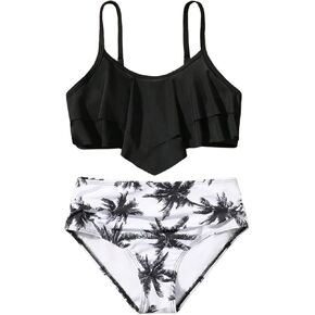 Verdusa Girl's 2 Piece Tropical Bikini Sets Ruffle Layered Colorblock High Waist Swimsuit