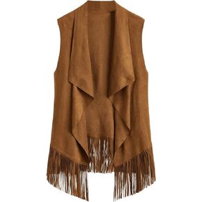 Women's Tassel Vest 70s Hippie Faux Jacket Suede Hippie Fringe Hem Sleeveless Boho Cowgirl Vest Jacket