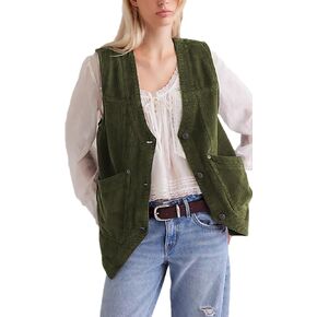 Zontroldy Women's Vintage V Neck Corduroy Vests Sleeveless Button Down Cardigan Outerwear with Pockets