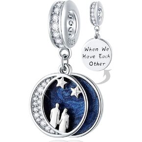 زوج الزوجين تحت Night Sky Crescent Moon Stars ، سوار Pandora Valentines Day ، حبات قلادة المينا الفضية الفضية الفضية ، هدايا للزوجة/الزوجين