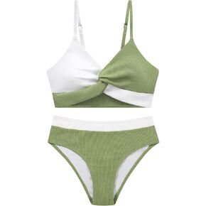 Weixinbuy Girls' Swimsuit Kid Two-Piece V-Neck Bikini Set Spaghetti Strap Twist Cross Bathing Suit Swimwear Size 9-16