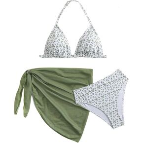 SOLY HUX Girl's Summer Swimsuit Set Floral Halter Triangle Bikini Set with Wrap Skirts Beachwear