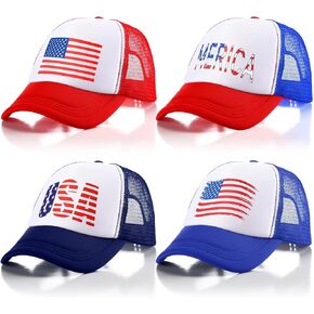 Jiuguva 4 Pcs American Flag Trucker Hat for Men Women USA 4th of July Patriotic Baseball Caps Independence Day Red White and Blue Caps Adjustable Classic 5 Panel Mesh Snap Back Hats