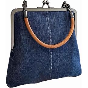 Denim Crossbody Tote Bags For Women, Mini Blue Denim Totebag Kiss Lock Purses And Handbags Accessories