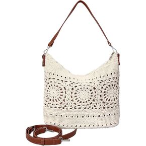 Eiyye Boho Crochet Crossbody Bag for Women Handmade Cotton Hobo Purse Macram Tote Bag for Summer, Beach, Travel & Everyday Use (Off White)