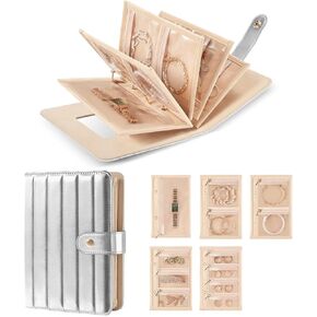 قضية Lolalet Travel Jewelry Organizer ، حافظة كتب تخزين المجوهرات المحمولة مع حقيبة Zipper Velvet ومرآة مدمجة للنساء -BEIGE