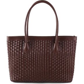 Woven Tote Bag For Women Hand Make Vegan Leather Shoulder Bag Handbag Zip Closure Beach Tote Travel Hand Bag