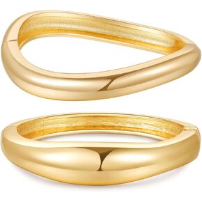 2pcs Gold Bangle Bracelets for Women, Trendy Hinged Cuff Open Wide Chunky Gold Bracelet Stack Arm Cuff Jewelry for Women