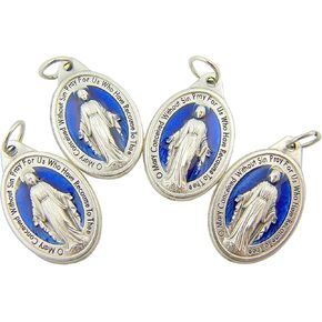 Religious Gifts Men's or Women's Catholic Silver Tone and Royal Blue Miraculous Medal Mary Devotional Charm Pendant, Set of 4