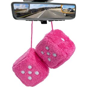 2PCS Fuzzy Plush Dice with Dots, 3 Inch Square Pair of Retro Rear View Mirror Hanging Ornament, Classic Vintage Soft Dice Pendant Auto Interior Mirror Decor, Car Accessories (Yellow)