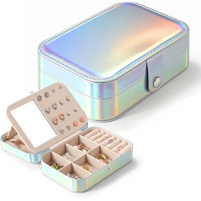 LAMU Iridescent Travel Jewelry Case Organizer with Mirror, Small Laser Jewelry Box for Women Girls Gifts, Travel Jewelry Organizer for Earrings, Rings, Pendant, Necklaces, Bracelet, Silver