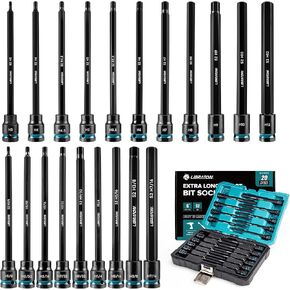 LIBRATON 3/8" Drive Long Impact Hex Bit Socket Set, Allen Bit Sockets, S2 Steel Hex Head Sockets, 20PCS Allen Wrench Socket, SAE&Metric Allen Bit Socket Set, 6" Long Allen Key Socket, Blow Molded Box