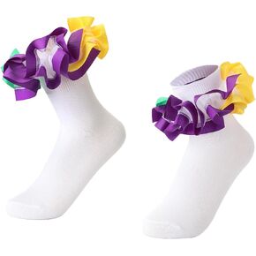 Mardi Gras Socks Lace Ruffle Frilly Ankle Socks for Girls Green Yellow and Purple Socks Cute Cotton Lolita Socks