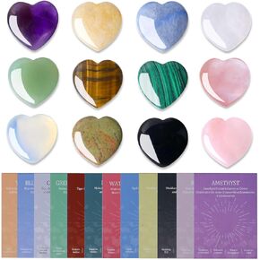 LAIDANLA 12 PCS Heart Crystals Healing Stones 1 inch Hearts Natural Gemstones Polished Bulk Heart Shaped Crystal Stone Set Rose Quartz Amethyst Reiki Meditation Gifts