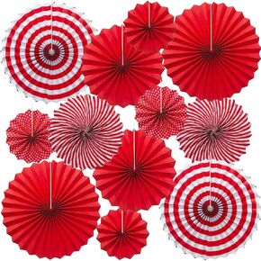 Hanging Paper Fans Set 12PCS Red Folding Fans Party Decorations Round Fan Wall Decor Paper Garlands Flower Decorative for Birthday Festival Party Wedding Graduation Events Accessories