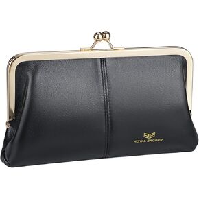 RFID Kiss Lock Wallet, Solid Color Multi-card Slots Card Holder, Genuine Leather Clutch Purses for Women 1468
