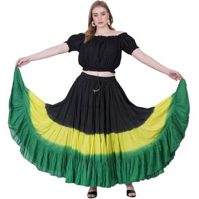 Wevez Women's 25 Yard Tribal Belly Dance Solid Dipe Dye 4-Tier Cotton Skirt (Black-Heena-Green)